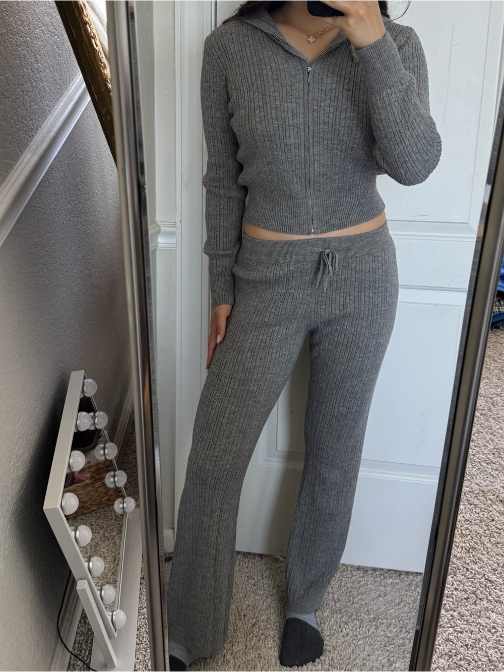 Gray Ribbed CableKnit Zip Hoodie & Drawstring Pants Lounge Set